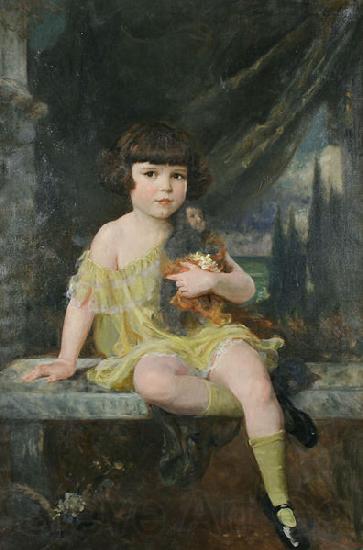 Douglas Volk Young Girl in Yellow Dress Holding her Doll